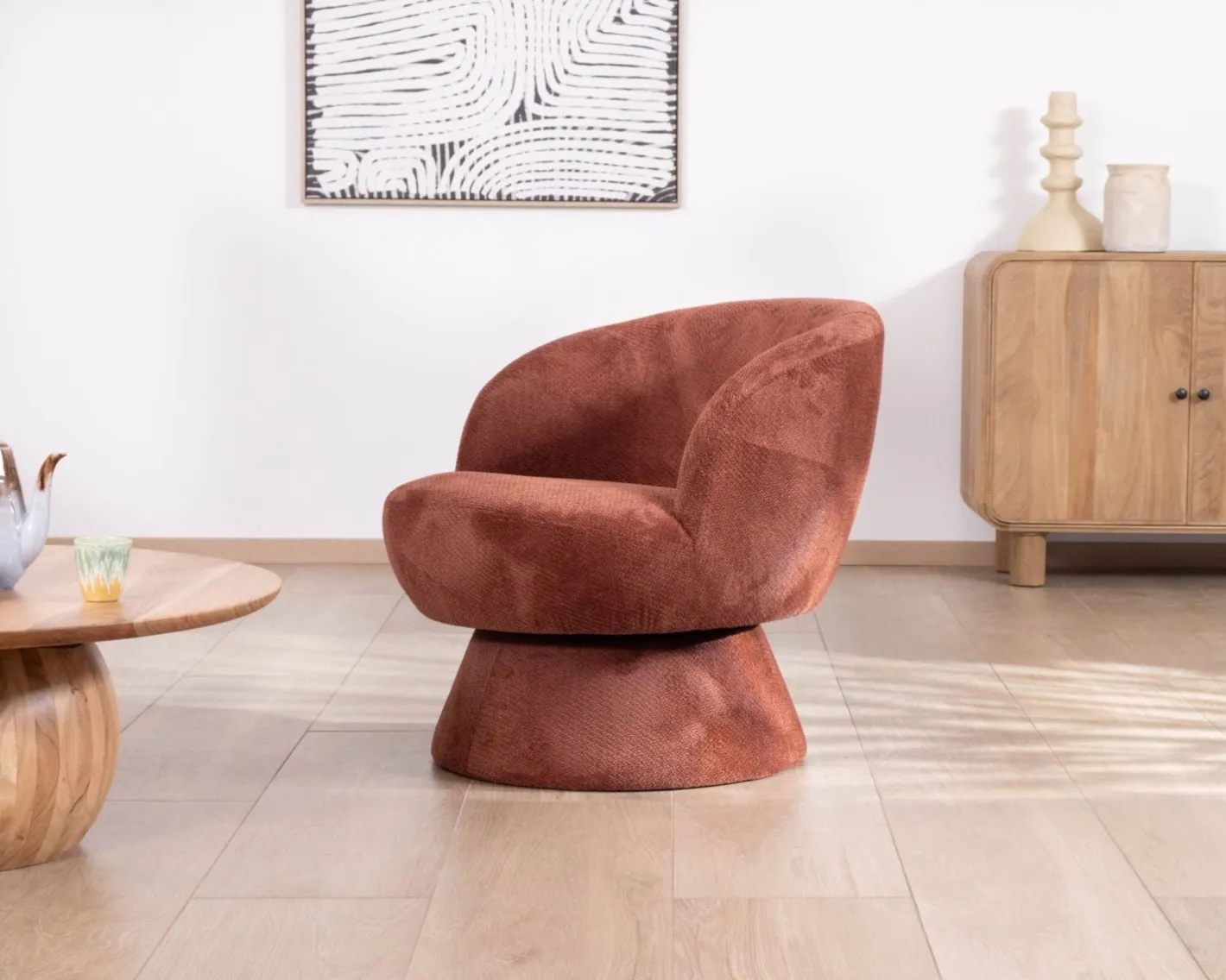 Online Fauteuil d'appoint pivotant en tissu chenillé terracotta "Ladoga" design enveloppant Fauteuil