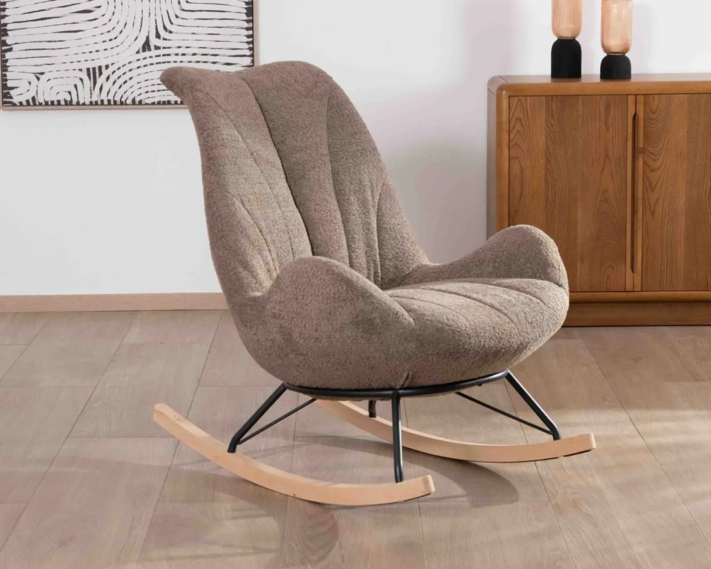 Hot Fauteuil de détente à bascule contemporain en tissu bouclette taupe "Calista" Fauteuil