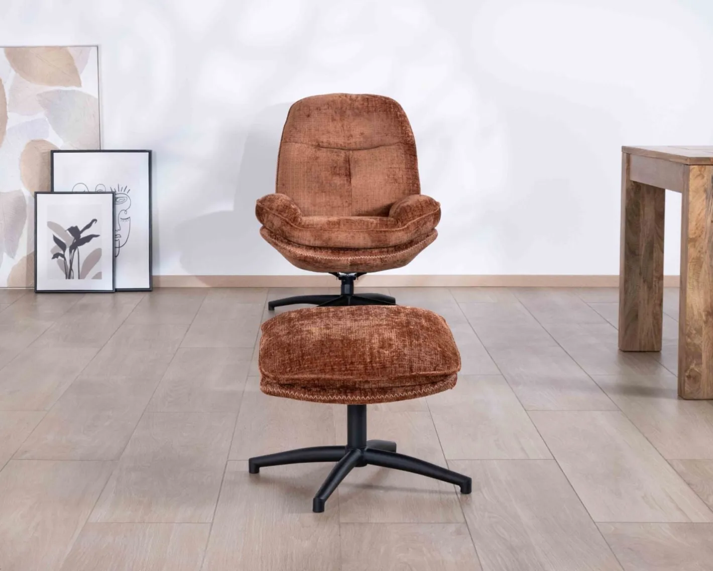 Clearance Fauteuil de relaxation avec pouf en tissu doux terracotta "Branson" pivotant 360° Fauteuil