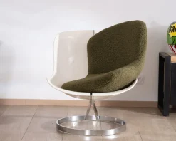 Discount Fauteuil design pop coque en plexiglass et tissu bouclette vert kaki 