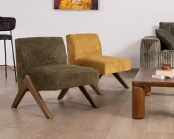 Discount Fauteuil esprit vintage en tissu vert kaki clair "Tolga" pieds boomerang en bois Fauteuil