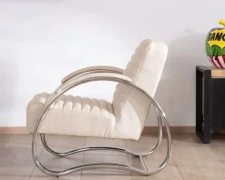 Fauteuil lounge rétro en cuir blanc et acier inoxydable 