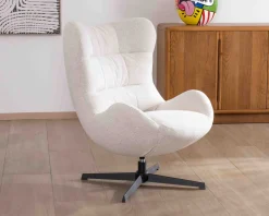 Hot Fauteuil pivotant cocooning en tissu bouclette blanc cassé "Calista" forme enveloppante Fauteuil