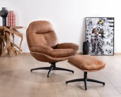 Sale Fauteuil pivotant esprit rétro avec pouf en tissu microfibre coloris havane