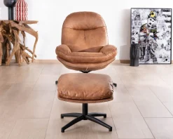 Sale Fauteuil pivotant esprit rétro avec pouf en tissu microfibre coloris havane