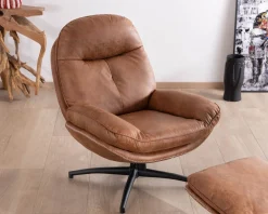 Sale Fauteuil pivotant esprit rétro avec pouf en tissu microfibre coloris havane