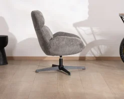 New Fauteuil rétro en tissu gris et pied pivotant en métal noir 