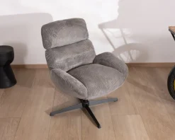 New Fauteuil rétro en tissu gris et pied pivotant en métal noir 