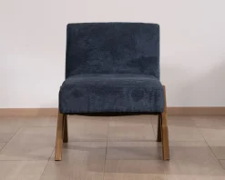 Discount Fauteuil rétro tissu bleu foncé avec pieds bois boomerang 