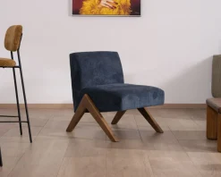 Discount Fauteuil rétro tissu bleu foncé avec pieds bois boomerang 