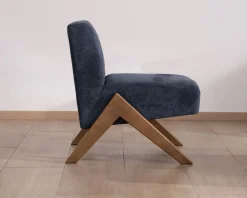 Discount Fauteuil rétro tissu bleu foncé avec pieds bois boomerang 