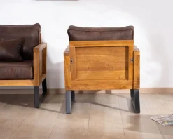 Fauteuil style club en teck et tissu aspect cuir "Roster" Fauteuil