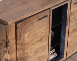 Clearance Grand buffet 215 cm acacia massif avec relief noirs, tiroirs et niche avec étagères vitrées "Fantaisie" Buffet Et Bahut