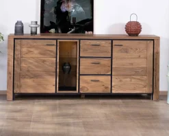 Clearance Grand buffet 215 cm acacia massif avec relief noirs, tiroirs et niche avec étagères vitrées 