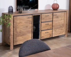 Clearance Grand buffet 215 cm acacia massif avec relief noirs, tiroirs et niche avec étagères vitrées 