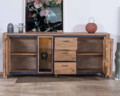 Clearance Grand buffet 215 cm acacia massif avec relief noirs, tiroirs et niche avec étagères vitrées 