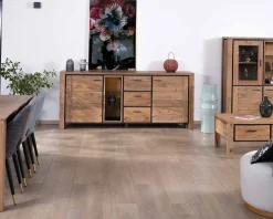 Clearance Grand buffet 215 cm acacia massif avec relief noirs, tiroirs et niche avec étagères vitrées 