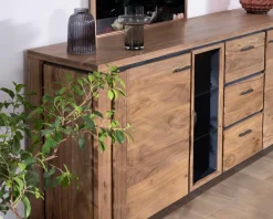 Clearance Grand buffet 215 cm acacia massif avec relief noirs, tiroirs et niche avec étagères vitrées 