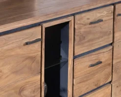 Clearance Grand buffet 215 cm acacia massif avec relief noirs, tiroirs et niche avec étagères vitrées 