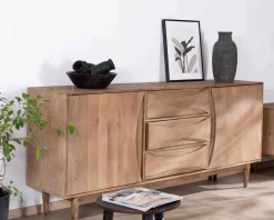 Clearance Grand buffet contemporain en manguier avec portes et tiroirs poignées encastrées 