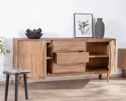 Clearance Grand buffet contemporain en manguier avec portes et tiroirs poignées encastrées 