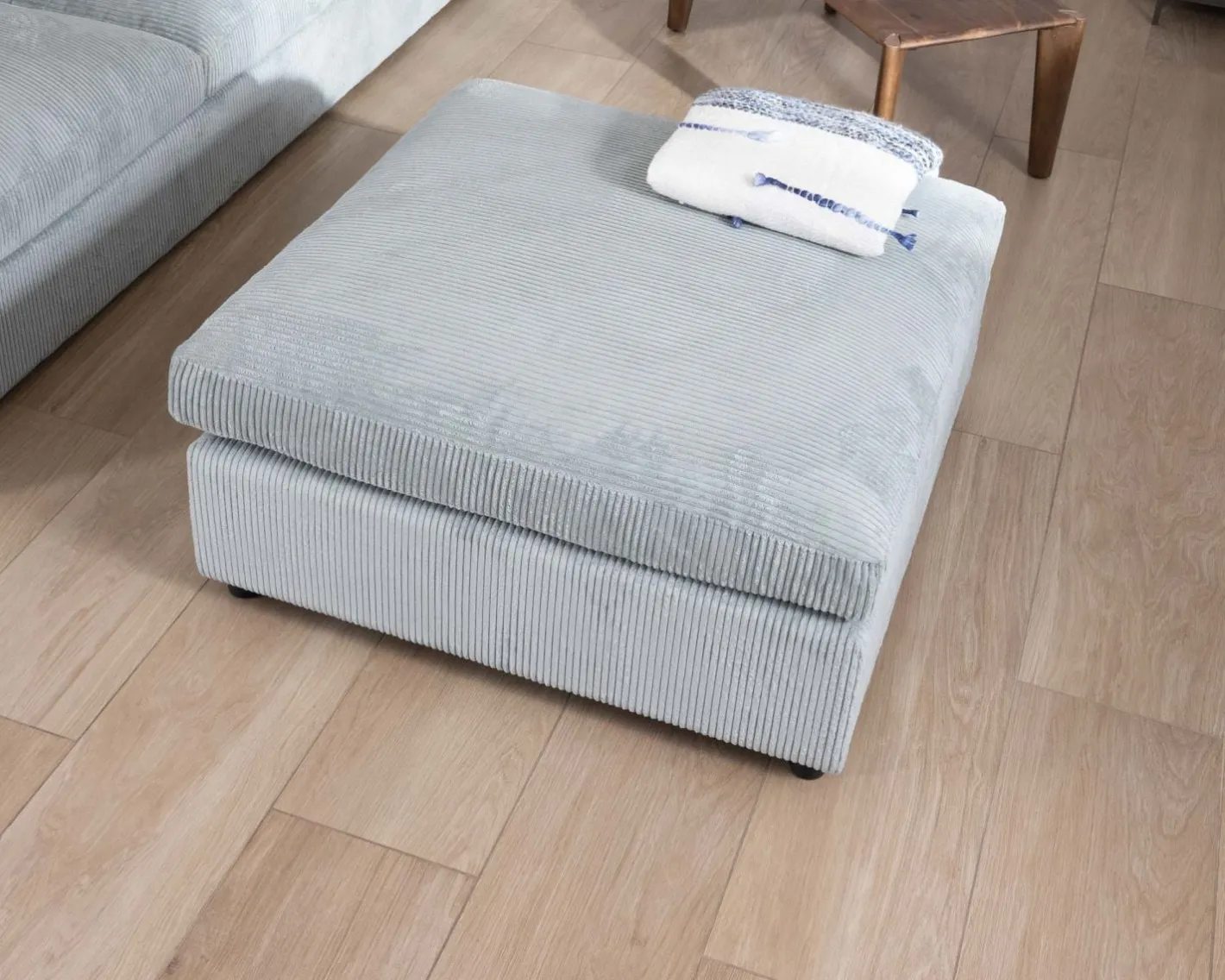 Discount Grand canapé moelleux avec pouf modulaire "Tuléar" en velours côtelé bleu grisé Canapé D'Angle|Canapé Modulable