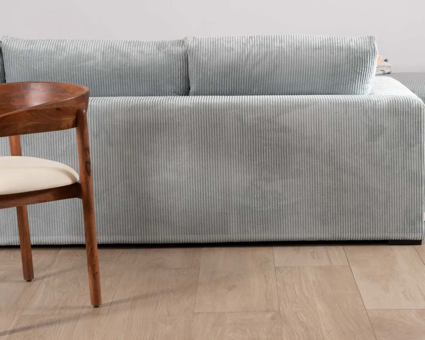 Discount Grand canapé moelleux avec pouf modulaire "Tuléar" en velours côtelé bleu grisé Canapé D'Angle|Canapé Modulable
