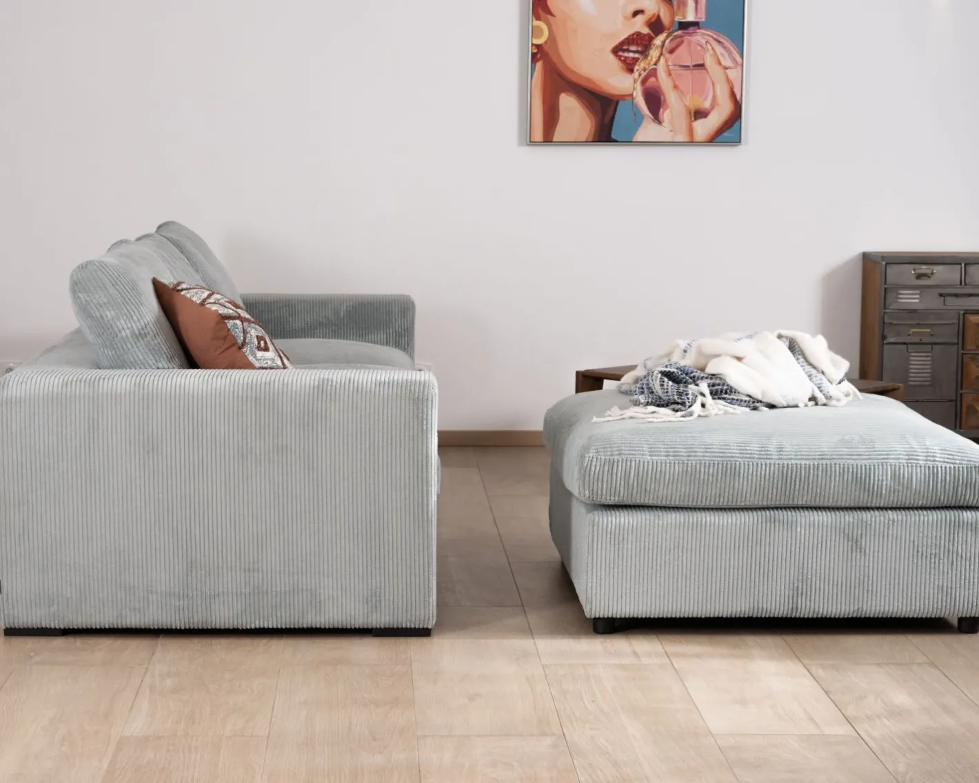 Discount Grand canapé moelleux avec pouf modulaire "Tuléar" en velours côtelé bleu grisé Canapé D'Angle|Canapé Modulable