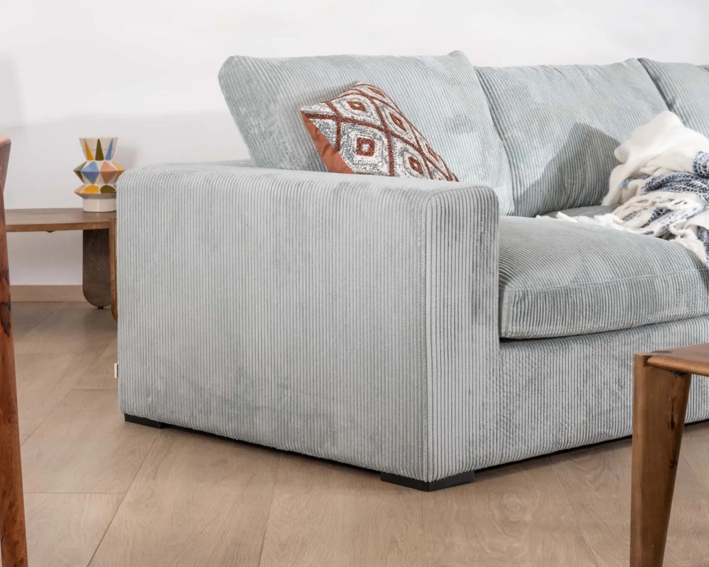Discount Grand canapé moelleux avec pouf modulaire "Tuléar" en velours côtelé bleu grisé Canapé D'Angle|Canapé Modulable