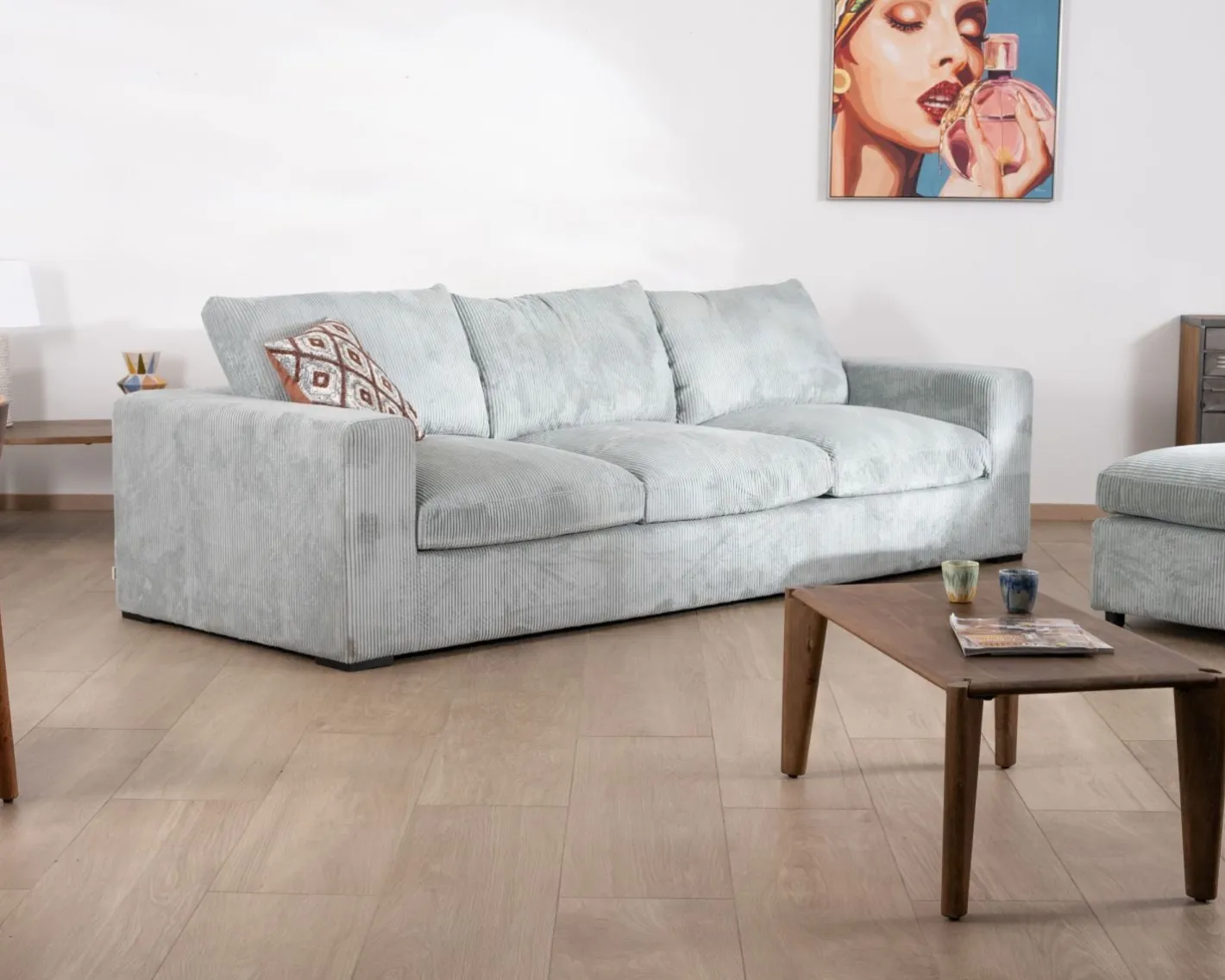 Discount Grand canapé moelleux avec pouf modulaire "Tuléar" en velours côtelé bleu grisé Canapé D'Angle|Canapé Modulable