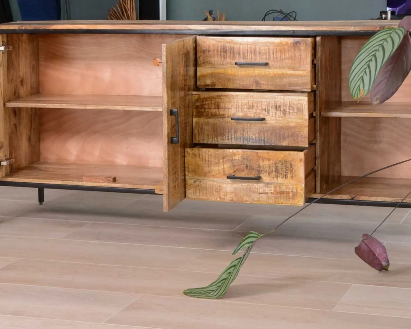 Discount Grande enfilade en bois massif et métal "Mango" multi rangements Buffet Et Bahut