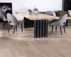 Sale Grande table de repas 260 cm acacia pieds métal noir plissés "Audacio" Table À Manger Rectangulaire