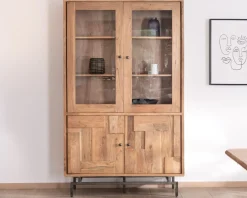 Clearance Grande vitrine 4 portes style rétro en acacia et métal "Puzzle" façades motif empiècements Vitrine Et Argentier|Bibliothèque