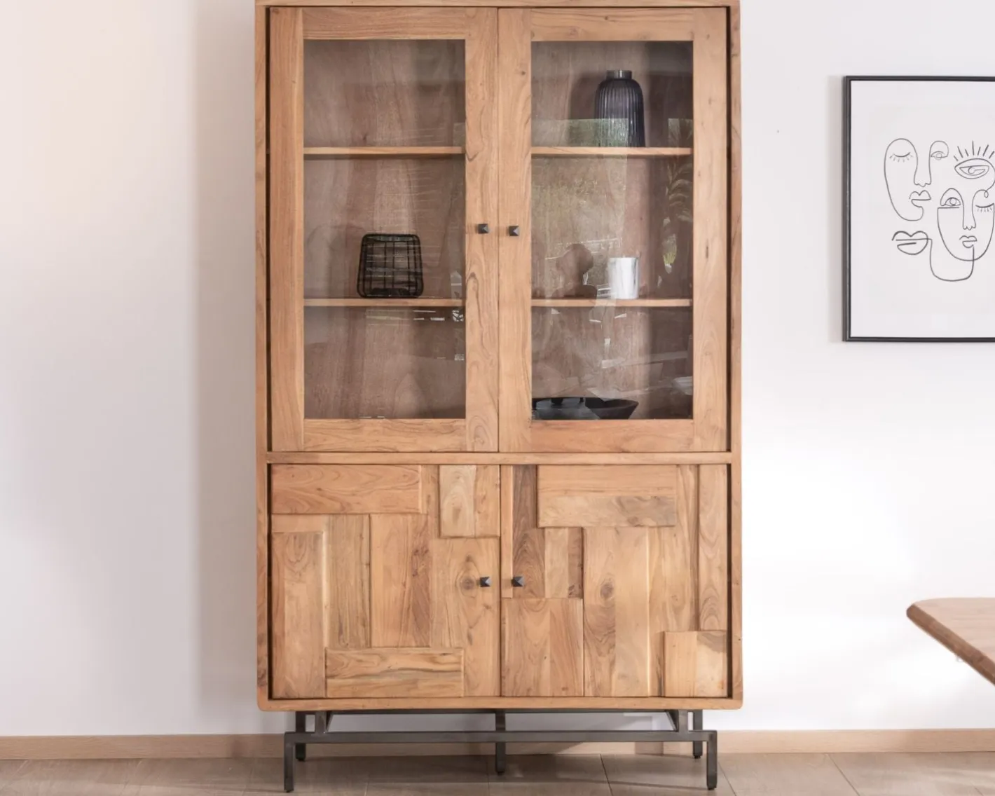 Clearance Grande vitrine 4 portes style rétro en acacia et métal "Puzzle" façades motif empiècements Vitrine Et Argentier|Bibliothèque