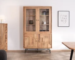 Clearance Grande vitrine 4 portes style rétro en acacia et métal
