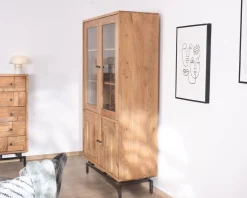 Clearance Grande vitrine 4 portes style rétro en acacia et métal