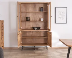 Clearance Grande vitrine 4 portes style rétro en acacia et métal