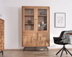 Clearance Grande vitrine 4 portes style rétro en acacia et métal