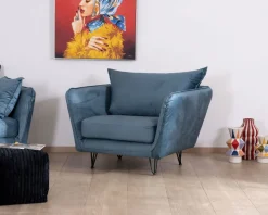 Sale Grand fauteuil cosy en tissu bleu et pieds en métal noir