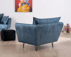 Sale Grand fauteuil cosy en tissu bleu et pieds en métal noir