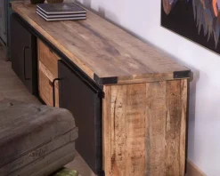 Sale Grand meuble télé "Caractère" 200cm 2 portes 2 tiroirs métal et bois Meuble Télé