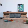 New Grand meuble TV bas 180cm bois naturel massif et métal gris "Haden" Meuble Télé