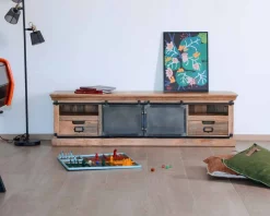 New Grand meuble TV bas 180cm bois naturel massif et métal gris "Haden" Meuble Télé