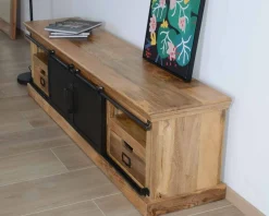 New Grand meuble TV bas 180cm bois naturel massif et métal gris "Haden" Meuble Télé