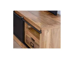 New Grand meuble TV bas 180cm bois naturel massif et métal gris 