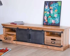 New Grand meuble TV bas 180cm bois naturel massif et métal gris 