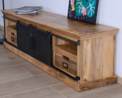 New Grand meuble TV bas 180cm bois naturel massif et métal gris 