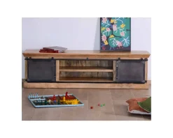 New Grand meuble TV bas 180cm bois naturel massif et métal gris 