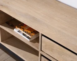 Clearance Grand meuble TV bicolore en manguier avec portes, niches et tiroirs "Bocca" 180 cm Meuble Télé