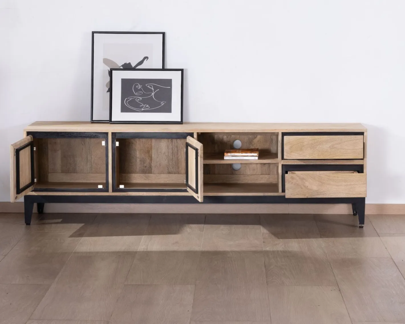 Clearance Grand meuble TV bicolore en manguier avec portes, niches et tiroirs "Bocca" 180 cm Meuble Télé